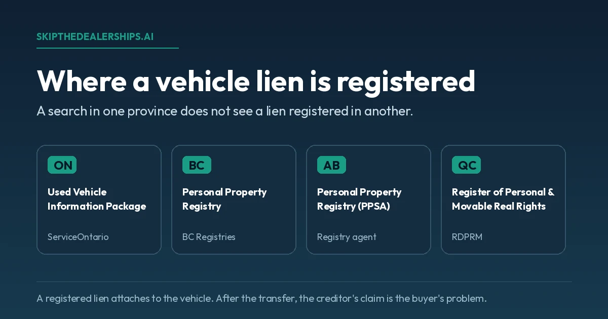 Where a vehicle lien is registered in Canada: Ontario in the Used Vehicle Information Package from ServiceOntario, British Columbia in the BC Registries Personal Property Registry, Alberta in the Personal Property Registry searched by a registry agent, and Quebec in the Register of Personal and Movable Real Rights. A search in one province does not see a lien registered in another.