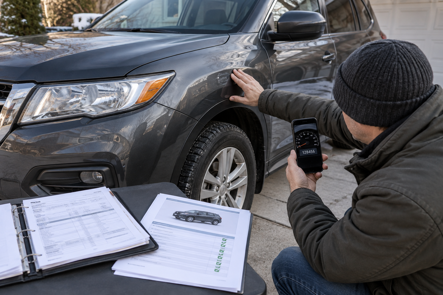 A Canadian owner checks mileage, body condition, maintenance records and vehicle history.