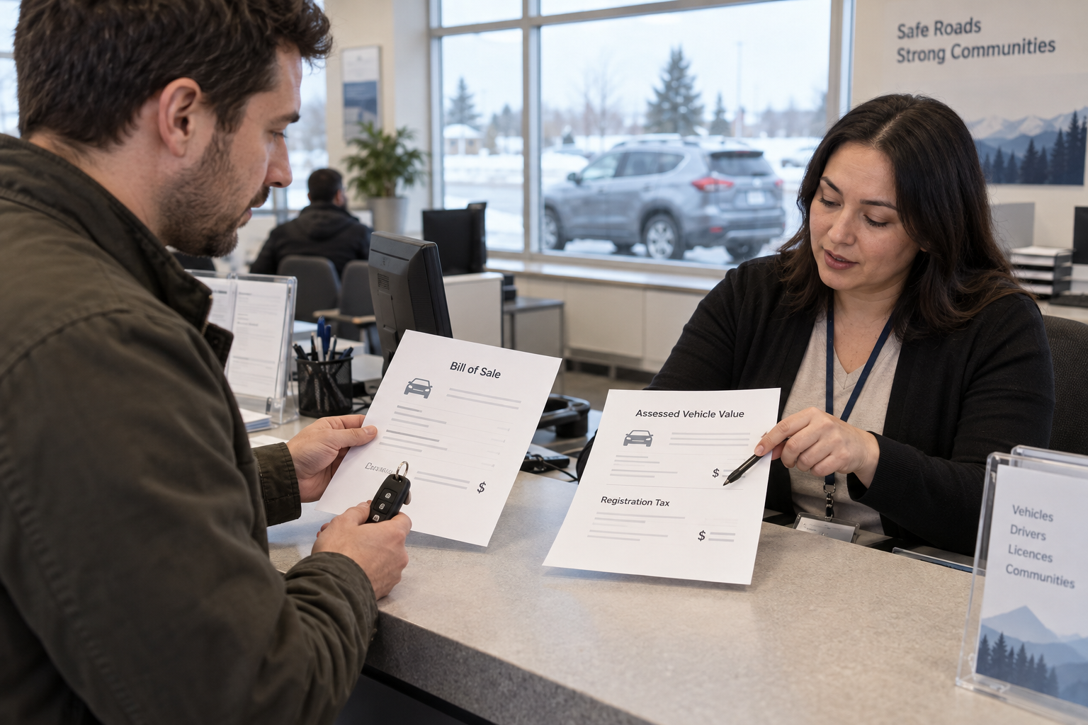 A Canadian buyer reviews a bill of sale, assessed value and registration tax.