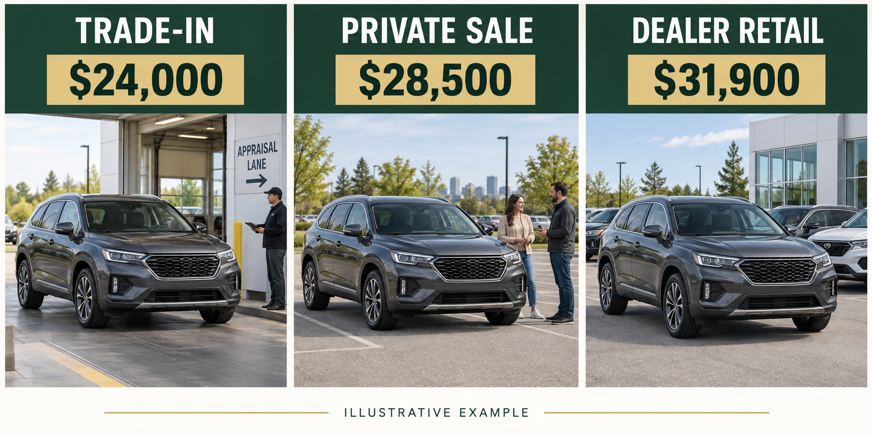 Example comparing trade-in, private-sale and dealer-retail prices for the same used SUV.