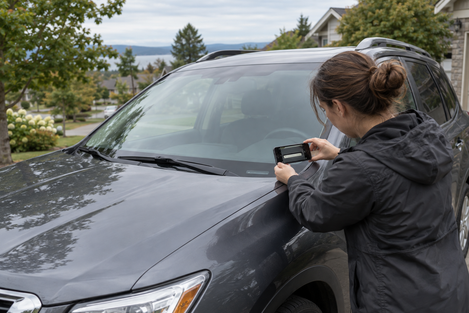 A Canadian vehicle owner photographs the VIN plate of a used SUV before creating a private-sale listing.